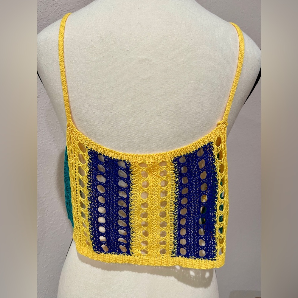 SHEIN Colorblock Knit Lace-up Front Crochet Cover Up SZ XL Yellow Blue Crop Top - Picture 5 of 7